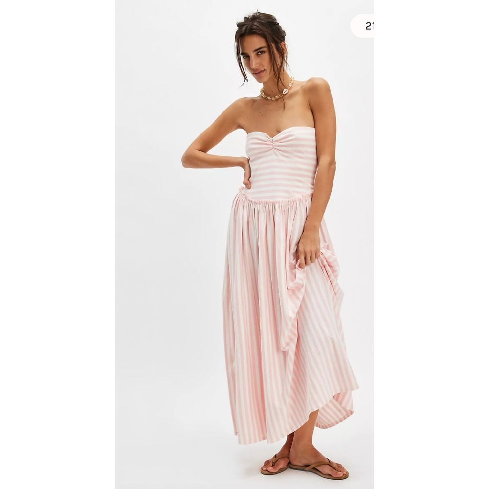 Free People Hello Lovely Striped Midi Dress Women M Pink Balletcore Strapless